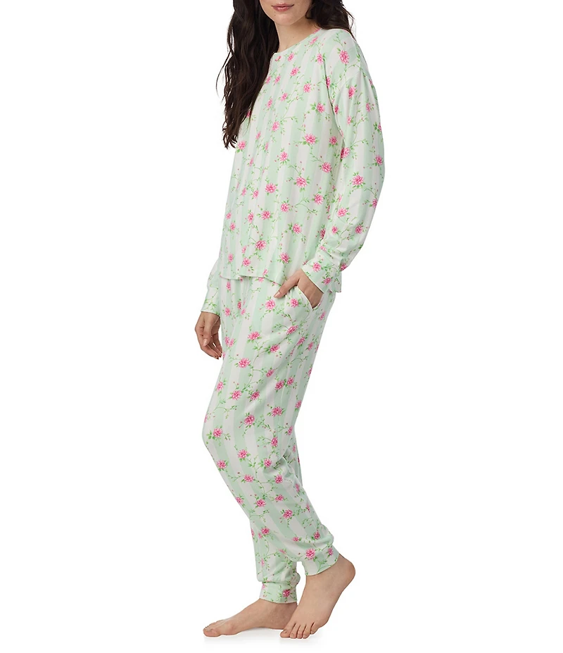 40WINKS Floral Stripe Print Long Sleeve Crew Neck Knit Jogger Pajama Set