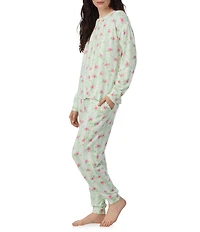 40WINKS Floral Stripe Print Long Sleeve Crew Neck Knit Jogger Pajama Set