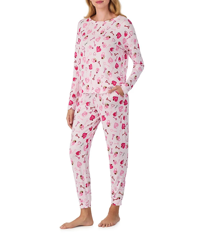 40WINKS Heart Print Long Sleeve Crew Neck Long Jersey Knit Pajama Set