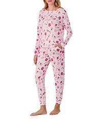 40WINKS Heart Print Long Sleeve Crew Neck Long Jersey Knit Pajama Set