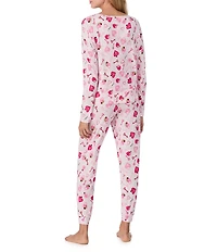 40WINKS Heart Print Long Sleeve Crew Neck Long Jersey Knit Pajama Set