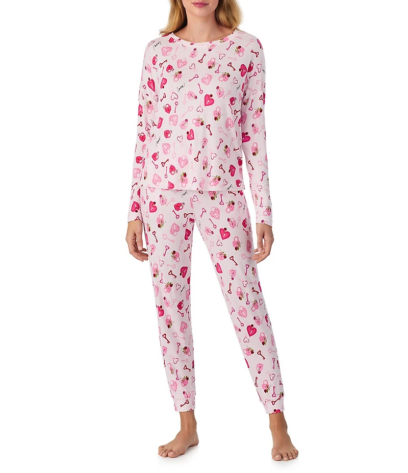 40WINKS Heart Print Long Sleeve Crew Neck Long Jersey Knit Pajama Set