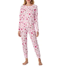 40WINKS Heart Print Long Sleeve Crew Neck Long Jersey Knit Pajama Set