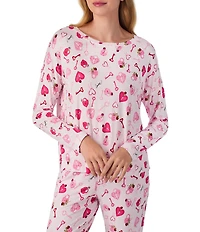 40WINKS Heart Print Long Sleeve Crew Neck Long Jersey Knit Pajama Set