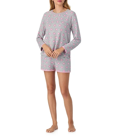 40WINKS Heart Print Long Sleeve Round Neck Shorty Knit Pajama Set
