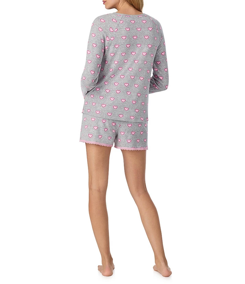 40WINKS Heart Print Long Sleeve Round Neck Shorty Knit Pajama Set