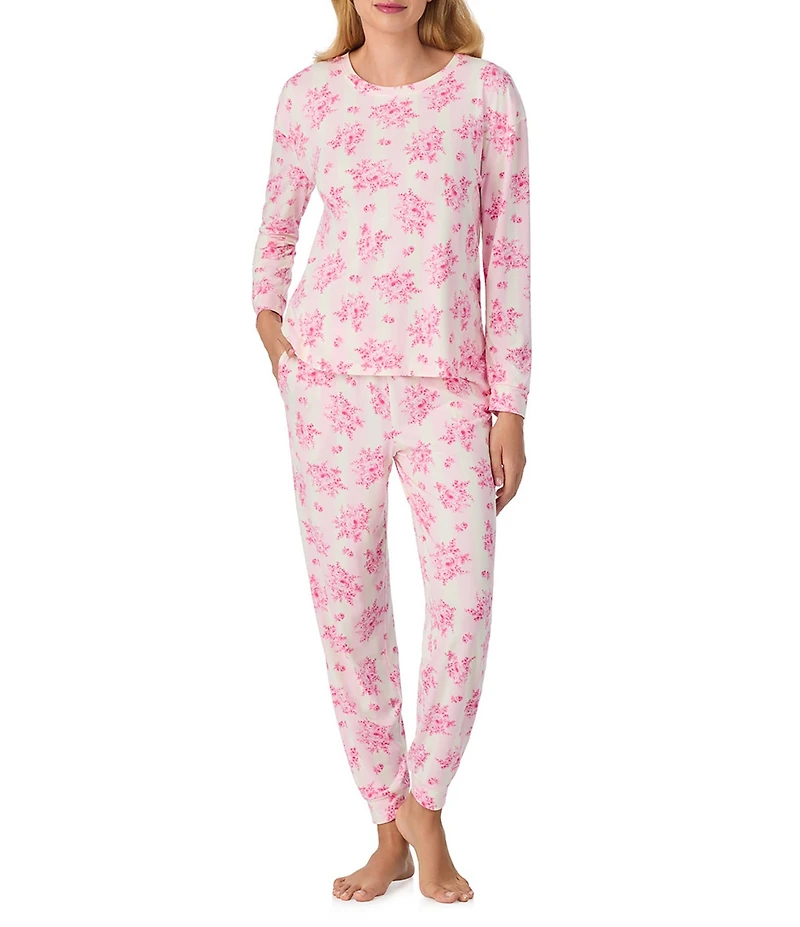 40WINKS Long Sleeve Crew Neck Cozy Jersey Long Floral Bloom Stripe Pajama Set