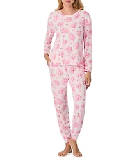 40WINKS Long Sleeve Crew Neck Cozy Jersey Long Floral Bloom Stripe Pajama Set