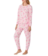 40WINKS Long Sleeve Crew Neck Cozy Jersey Long Floral Bloom Stripe Pajama Set