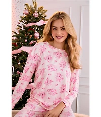 40WINKS Long Sleeve Crew Neck Cozy Jersey Long Floral Bloom Stripe Pajama Set