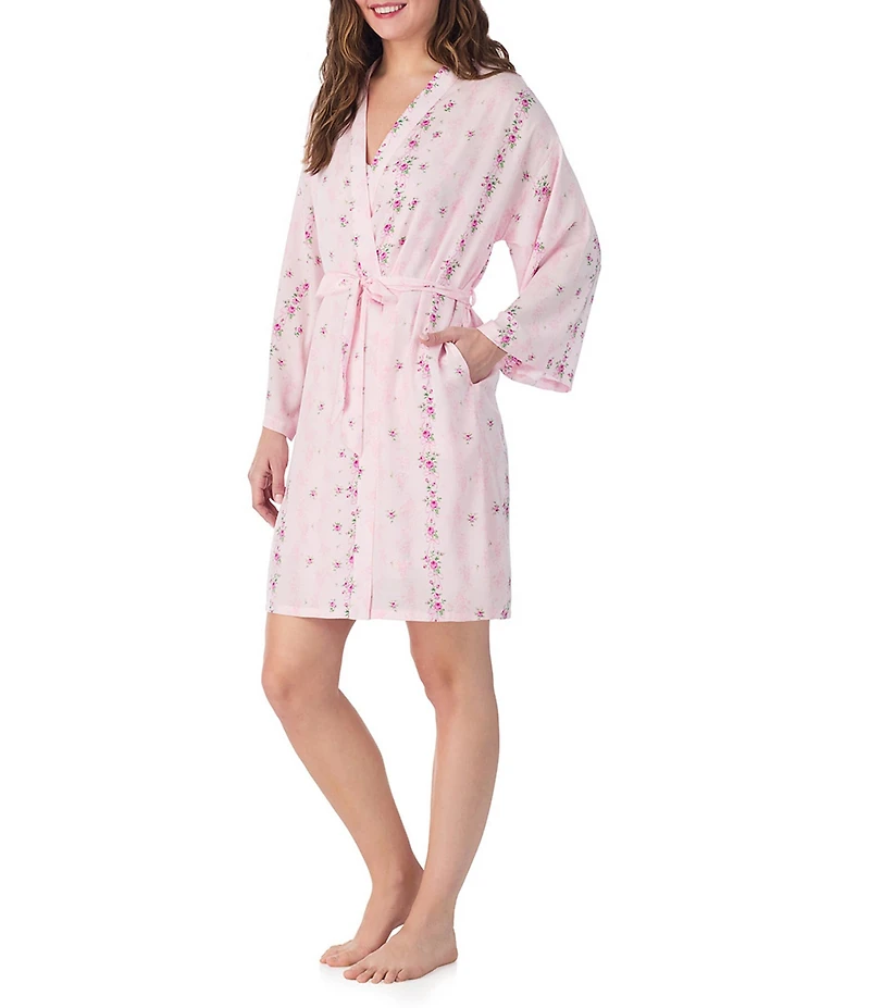 40WINKS Long Sleeve Open-Front Satin Floral Coordinating Short Robe