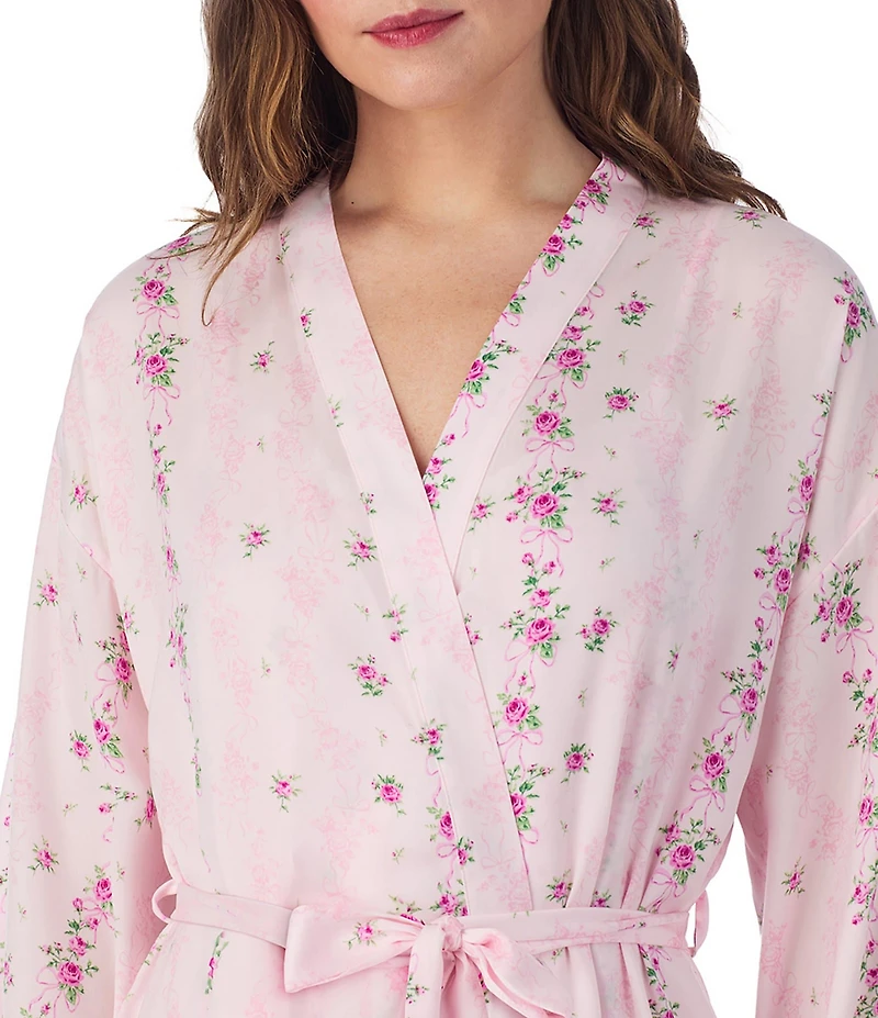 40WINKS Long Sleeve Open-Front Satin Floral Coordinating Short Robe