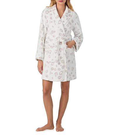 40WINKS Long Sleeve Shawl Collar Frosted Jacquard Chenille Animal Print Short Cozy Robe