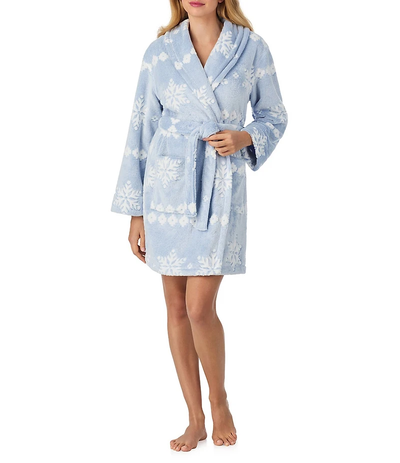 40WINKS Long Sleeve Shawl Collar Frosted Jacquard Chenille Snowflake Print Short Cozy Robe