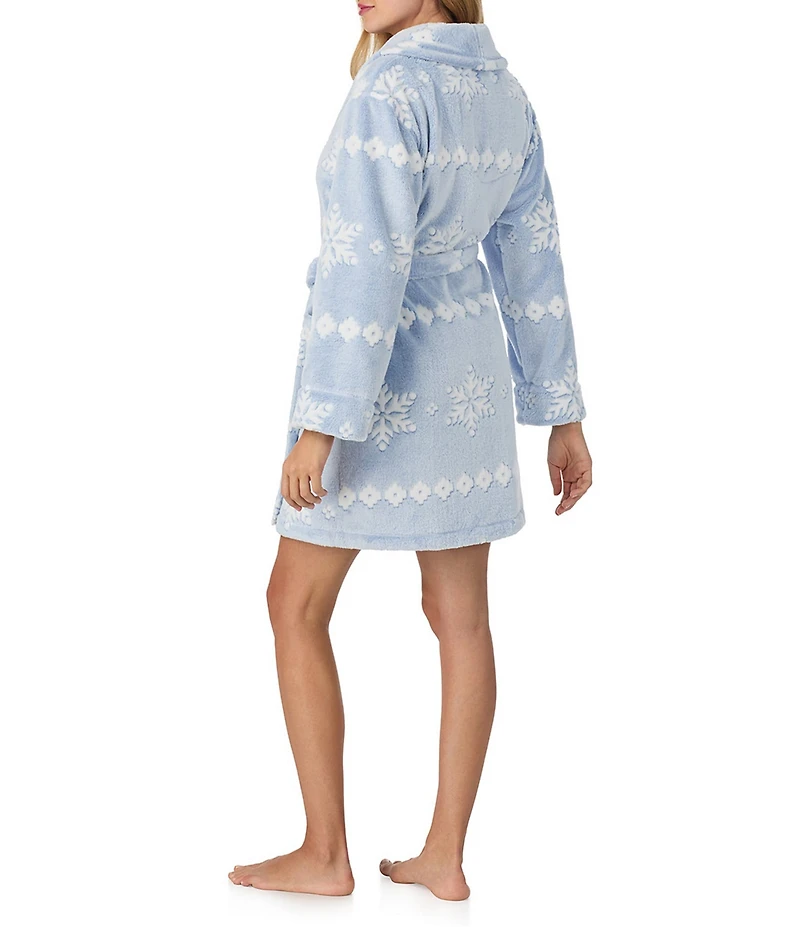 40WINKS Long Sleeve Shawl Collar Frosted Jacquard Chenille Snowflake Print Short Cozy Robe