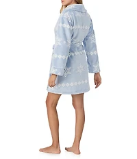 40WINKS Long Sleeve Shawl Collar Frosted Jacquard Chenille Snowflake Print Short Cozy Robe