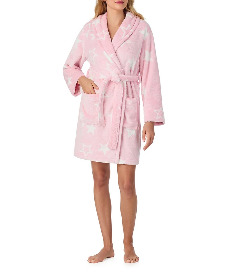 40WINKS Long Sleeve Shawl Collar Frosted Jacquard Chenille Star Print Short Cozy Robe