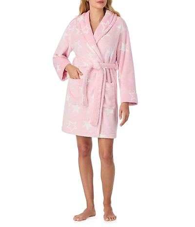 40WINKS Long Sleeve Shawl Collar Frosted Jacquard Chenille Star Print Short Cozy Robe