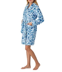 40WINKS Long Sleeve Shawl Collar Short Cozy Plush Floral Print Robe