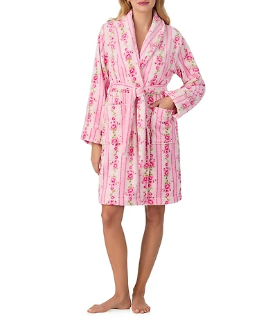 40WINKS Long Sleeve Shawl Collar Short Cozy Plush Floral Stripe Robe
