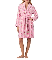 40WINKS Long Sleeve Shawl Collar Short Cozy Plush Floral Stripe Robe
