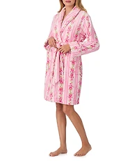 40WINKS Long Sleeve Shawl Collar Short Cozy Plush Floral Stripe Robe