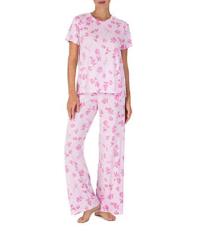 40WINKS Pink Floral Print Short Sleeve Crew Neck Jersey Knit Pant Pajama Set