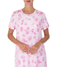 40WINKS Pink Floral Print Short Sleeve Round Neck Jersey Knit Sleepshirt