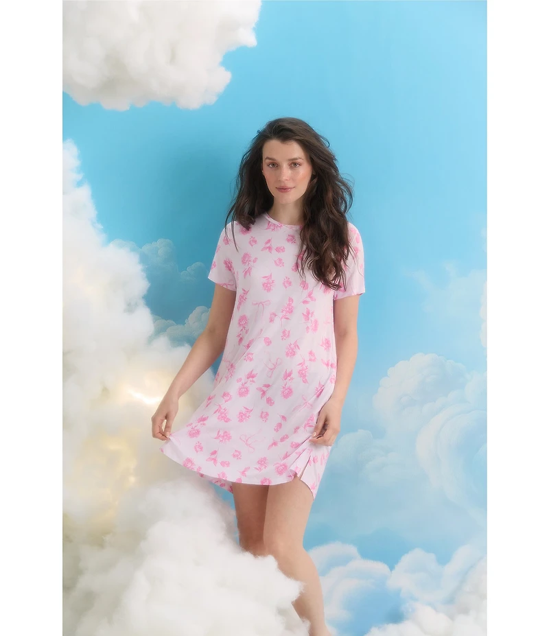 40WINKS Pink Floral Print Short Sleeve Round Neck Jersey Knit Sleepshirt