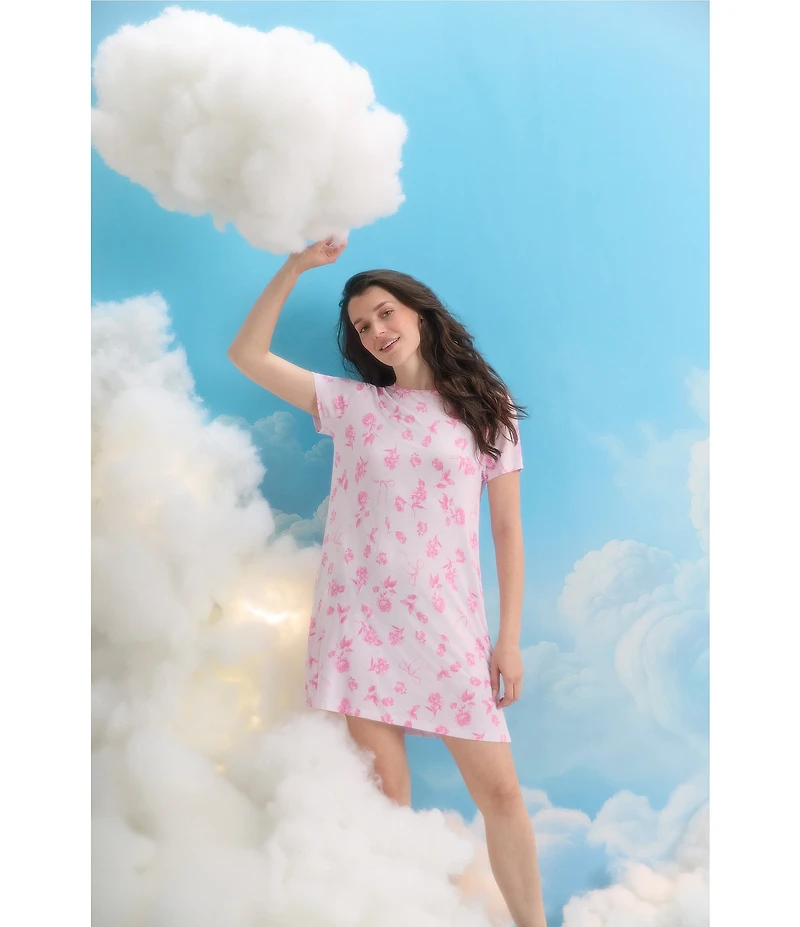 40WINKS Pink Floral Print Short Sleeve Round Neck Jersey Knit Sleepshirt