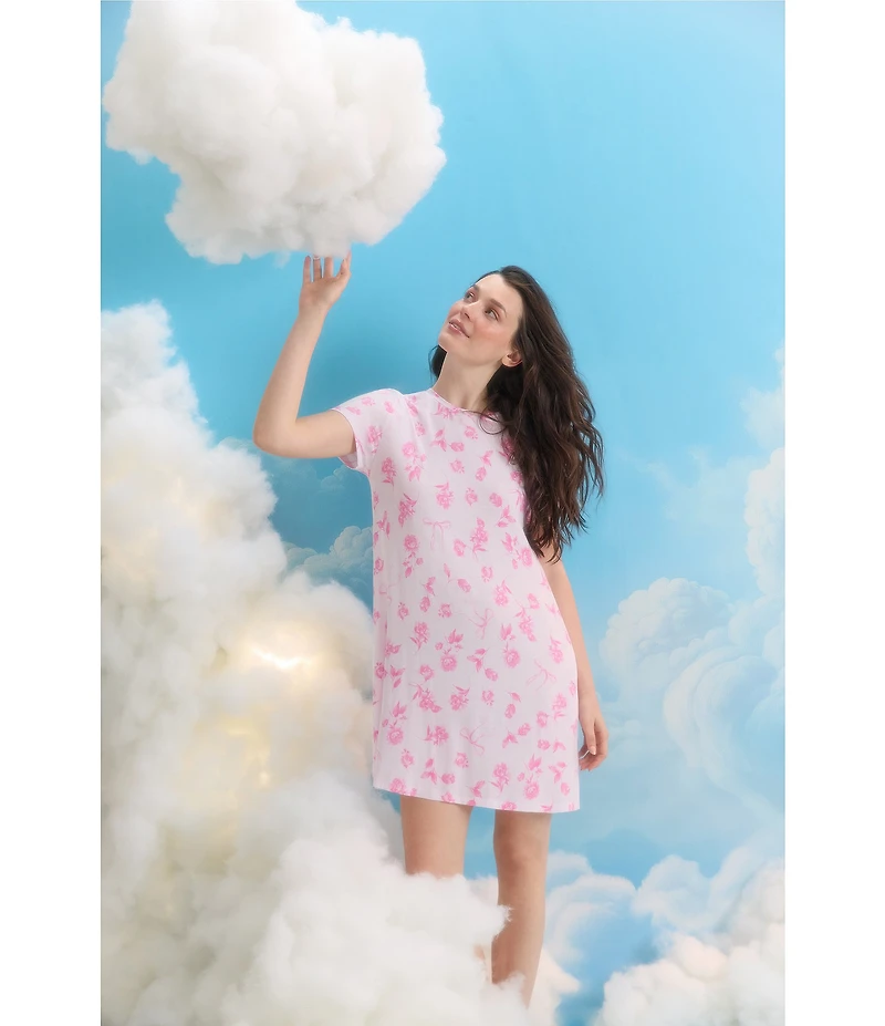 40WINKS Pink Floral Print Short Sleeve Round Neck Jersey Knit Sleepshirt