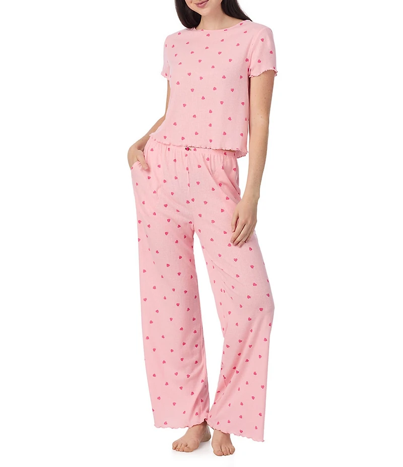 40WINKS Short Sleeve Tee & Long Pant Jersey Knit Pointelle Heart Print Pajama Set