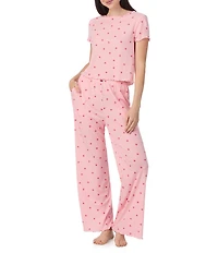 40WINKS Short Sleeve Tee & Long Pant Jersey Knit Pointelle Heart Print Pajama Set
