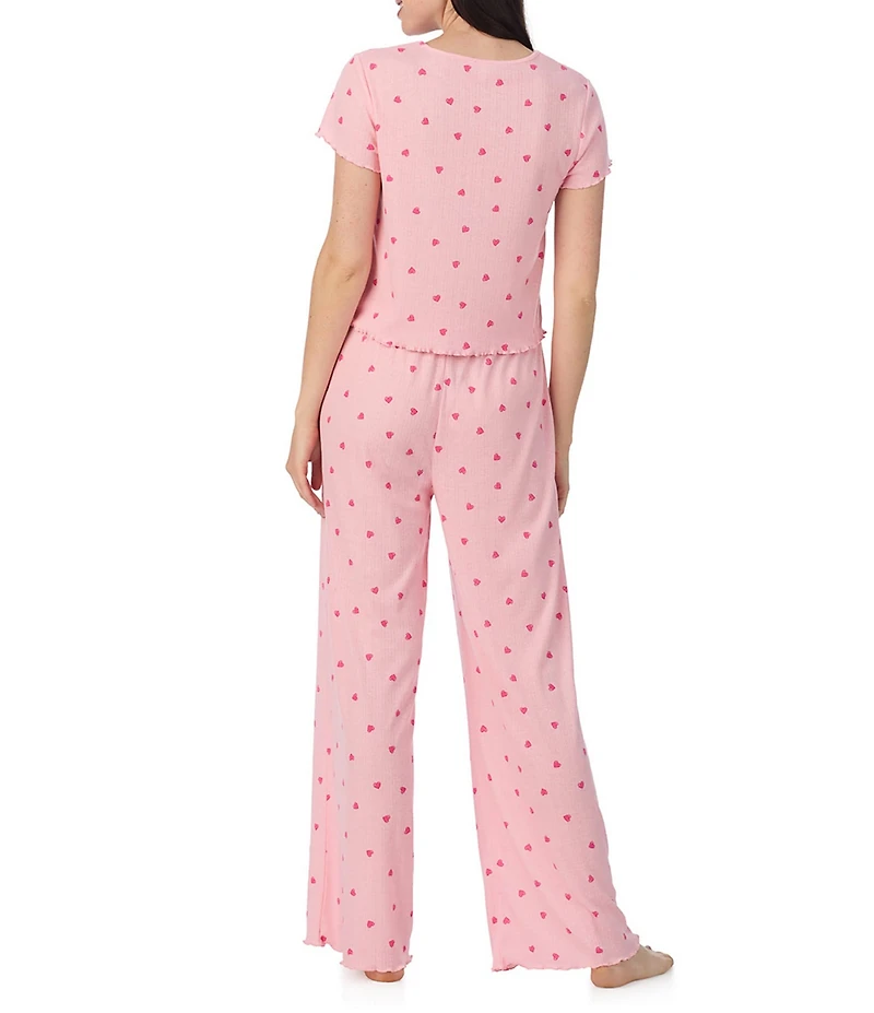 40WINKS Short Sleeve Tee & Long Pant Jersey Knit Pointelle Heart Print Pajama Set