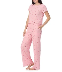 40WINKS Short Sleeve Tee & Long Pant Jersey Knit Pointelle Heart Print Pajama Set