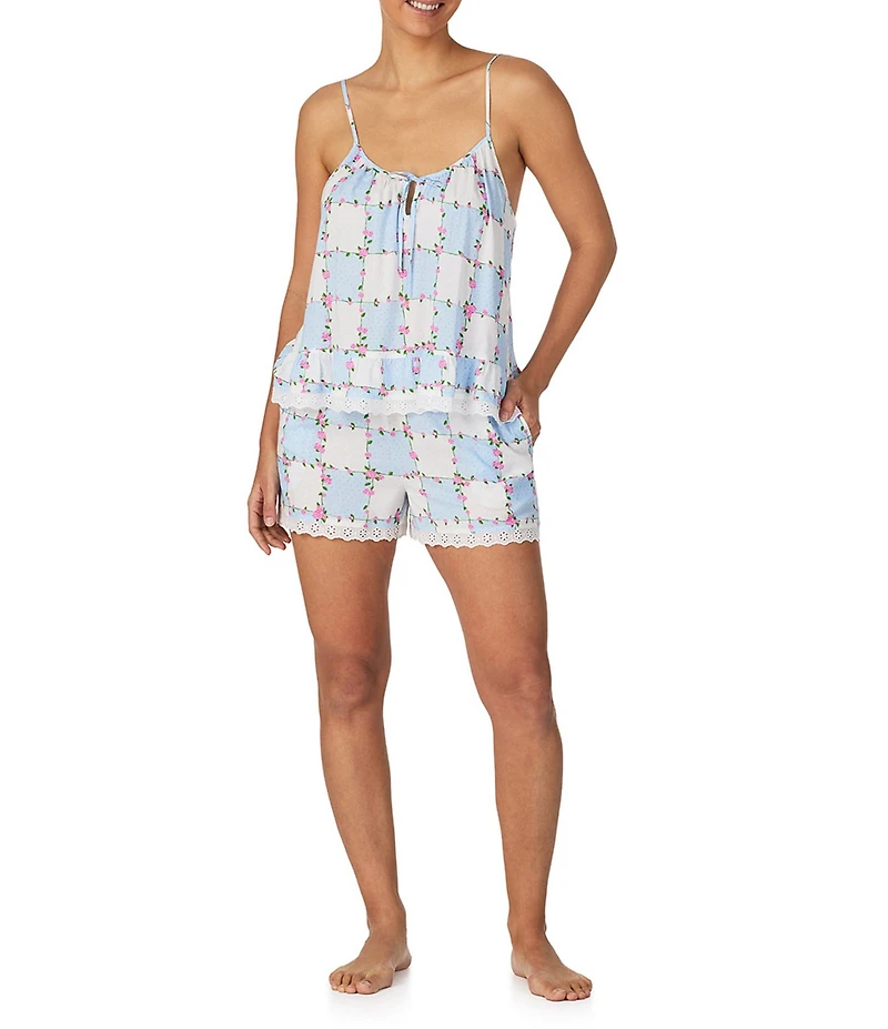 40WINKS Woven Floral Checked Sleeveless Cami Top & Shorty Pajama Set