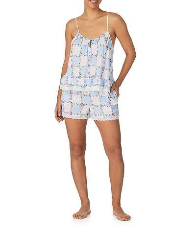40WINKS Woven Floral Checked Sleeveless Cami Top & Shorty Pajama Set