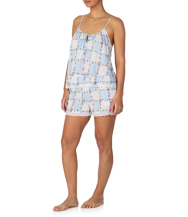 40WINKS Woven Floral Checked Sleeveless Cami Top & Shorty Pajama Set