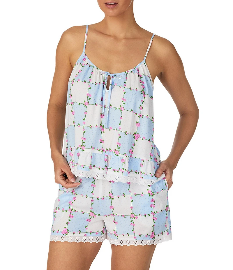 40WINKS Woven Floral Checked Sleeveless Cami Top & Shorty Pajama Set