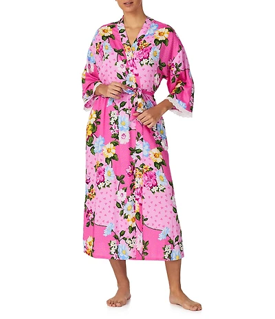 40WINKS Woven Floral Patchwork Bracelet-Sleeve Shawl Collar Coordinating Maxi Wrap Robe