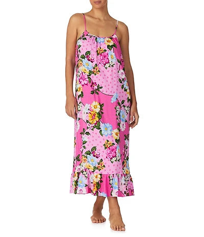 40WINKS Woven Patchwork Floral Strappy Scoop Neck Coordinating Maxi Long Nightgown