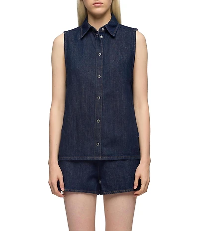 7 For All Mankind Dark Wash Linen Blend Collared Neck Sleeveless Coordinating Button-Front Shirt