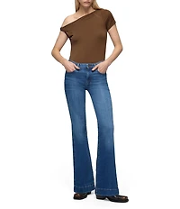 7 For All Mankind Dojo Tailorless Pink Embroidered Mid Rise Flare Leg Denim Jeans