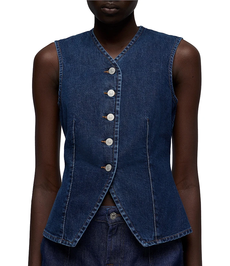 7 For All Mankind Lady Button Front V-Neck Sleeveless Tailored Denim Vest