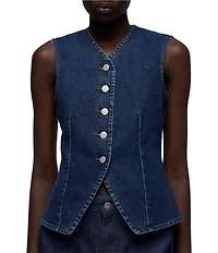 7 For All Mankind Lady Button Front V-Neck Sleeveless Tailored Denim Vest