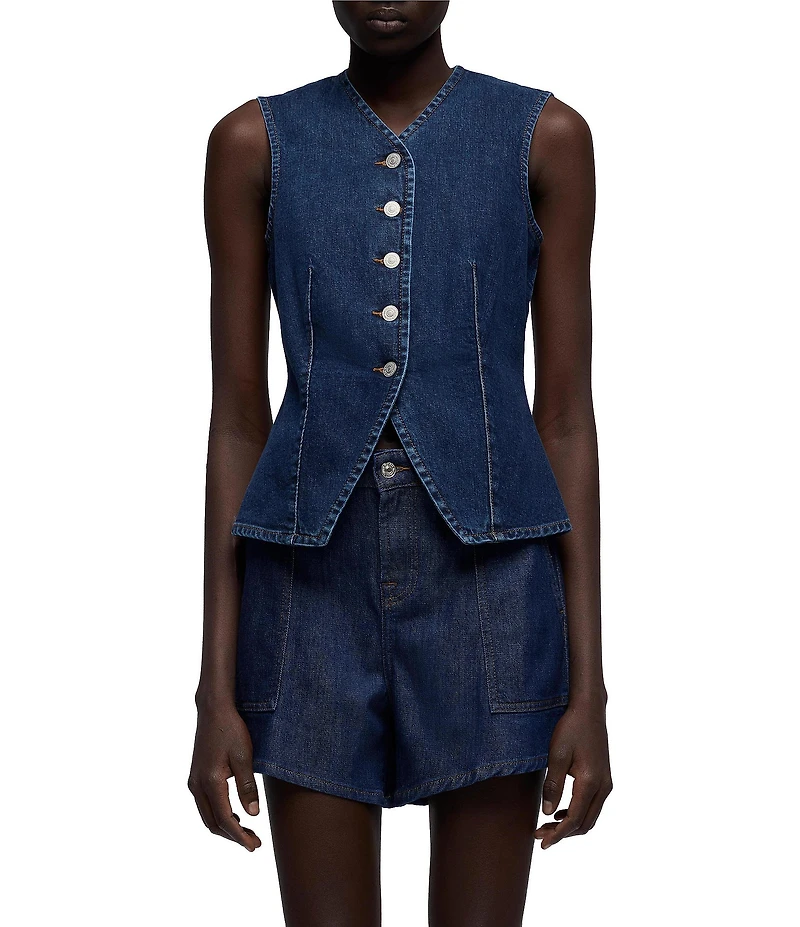 7 For All Mankind Lady Button Front V-Neck Sleeveless Tailored Denim Vest