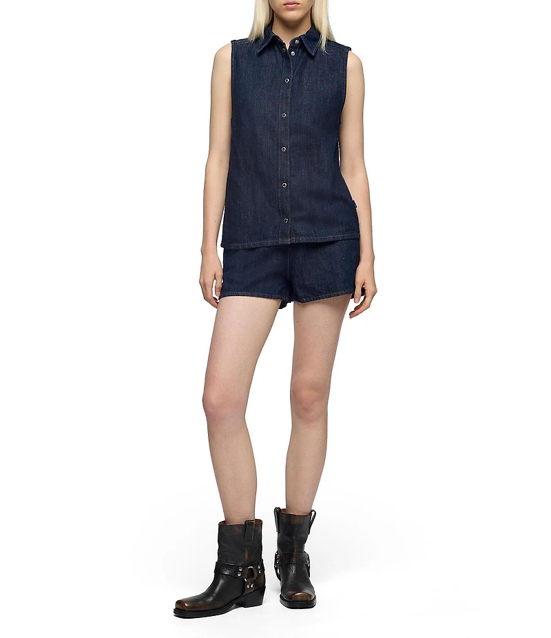 7 For All Mankind Linen Blend Dark Indigo Wash High Rise Trouser Shorts