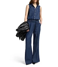 7 For All Mankind Weightless Point Collar Sleeveless Denim Pleated Wide Leg Jumpsuit