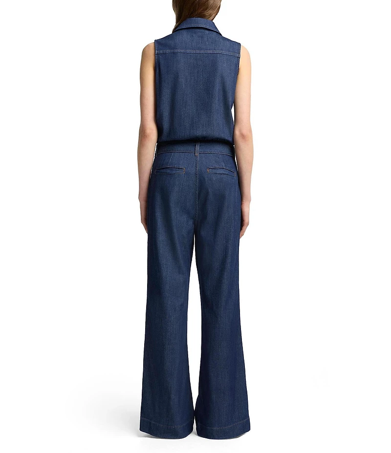7 For All Mankind Weightless Point Collar Sleeveless Denim Pleated Wide Leg Jumpsuit