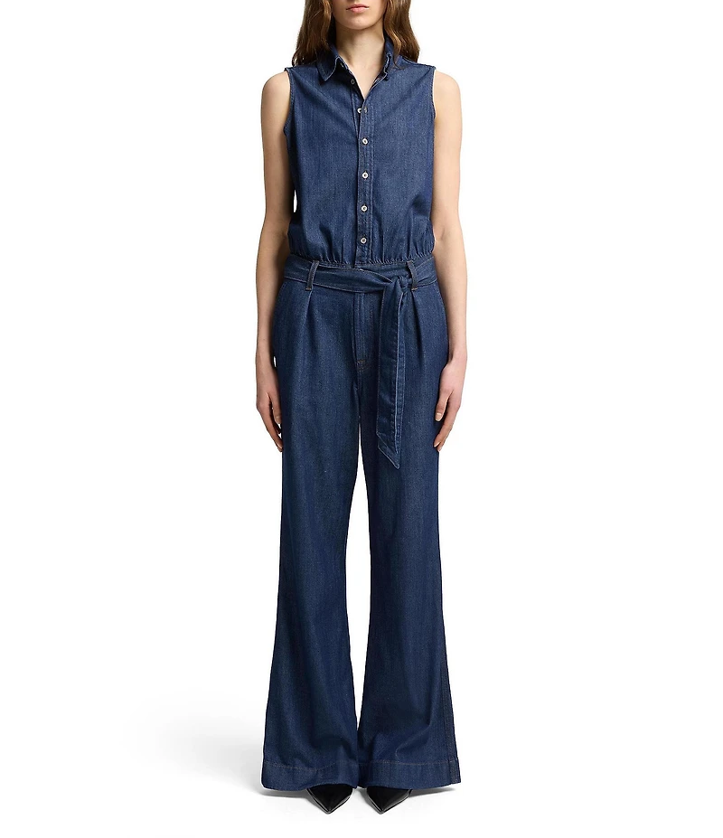 7 For All Mankind Weightless Point Collar Sleeveless Denim Pleated Wide Leg Jumpsuit